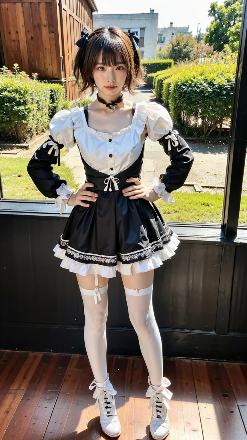 (((Masterpiece))), (((top quality))), (((top image quality))), (((ultra-realistic depiction))), (((Alice in Wonderland in Gothic Lolita fashion))), (((diorama worldview))), chasing a rabbit wearing a silk hat and holding a pocket watch.