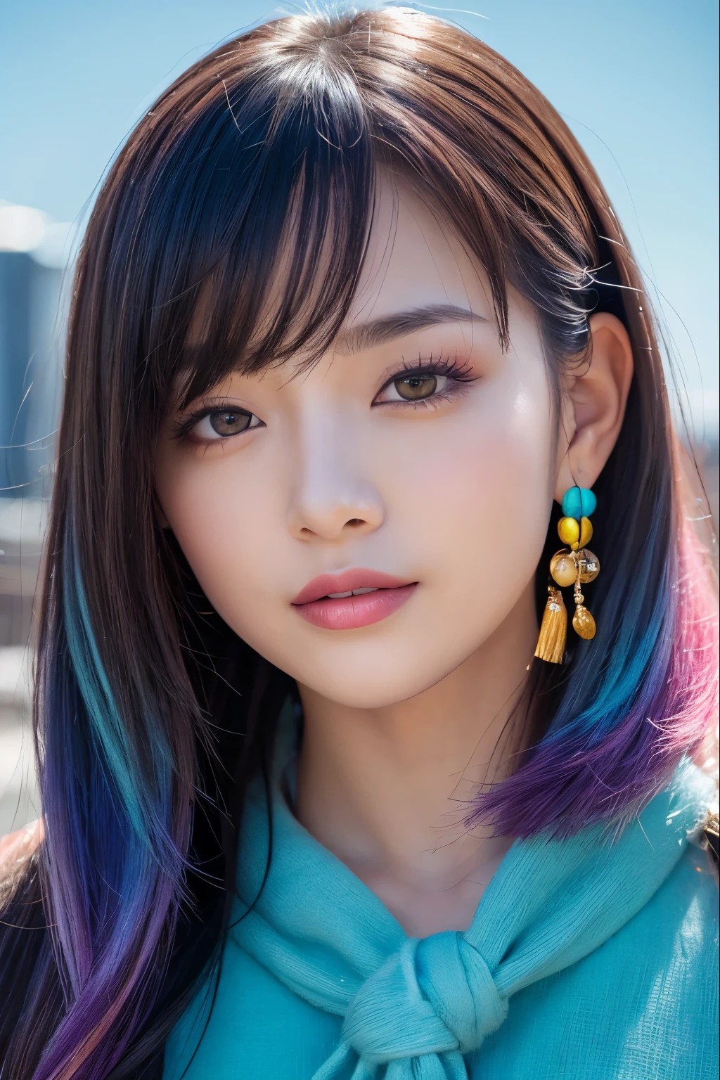 A woman with long hair and a blue shirt is posing for a picture - SeaArt AI