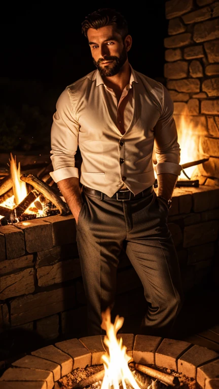 Beautiful  man 30 years old,  muscular body, thin beard, but your face is lit by the fire. Creme formal trousers 