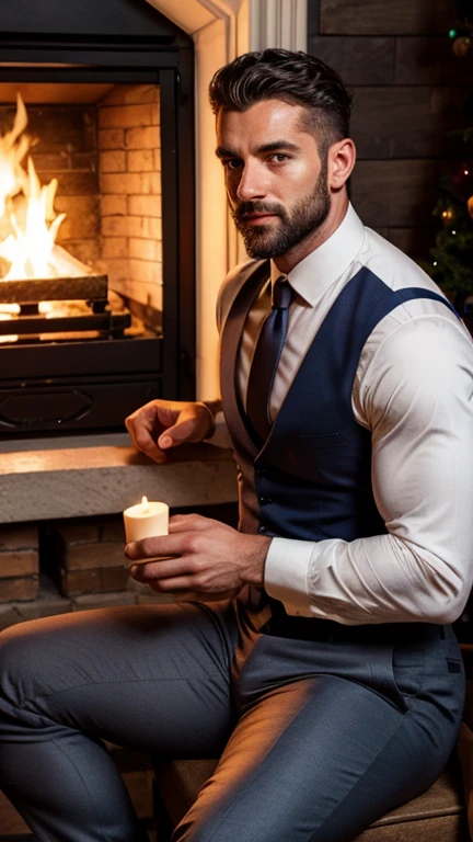 Beautiful  man 30 years old,  muscular body, thin beard, but your face is lit by the fire. Creme formal trousers 