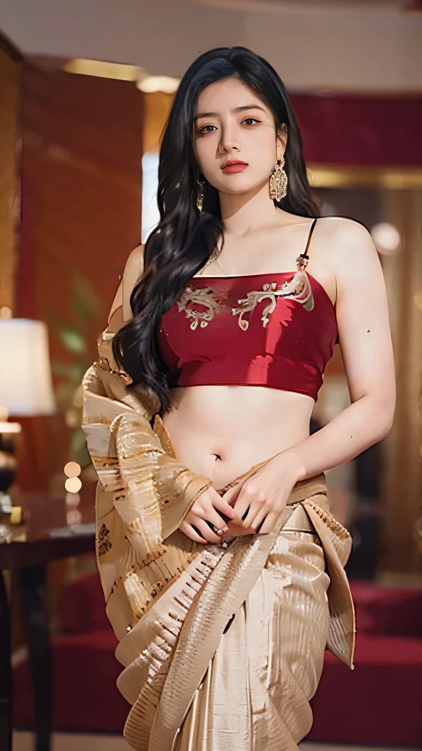 "A confident Indian woman with a voluptuous, full-figured body, including large breasts and wide hips. She has a rich brown complexion, long, dark wavy hair, and deep, expressive eyes. Dressed in a fitted saree that accentuates her curves, the fabric is a luxurious mix of deep red and gold with intricate embroidery. Her traditional jewelry includes a nose ring, bangles, and large earrings, enhancing her striking appearance. She stands in an elegant indoor setting with soft, warm lighting, her posture exuding confidence and body positivity, celebrating her natural beauty and big body."
