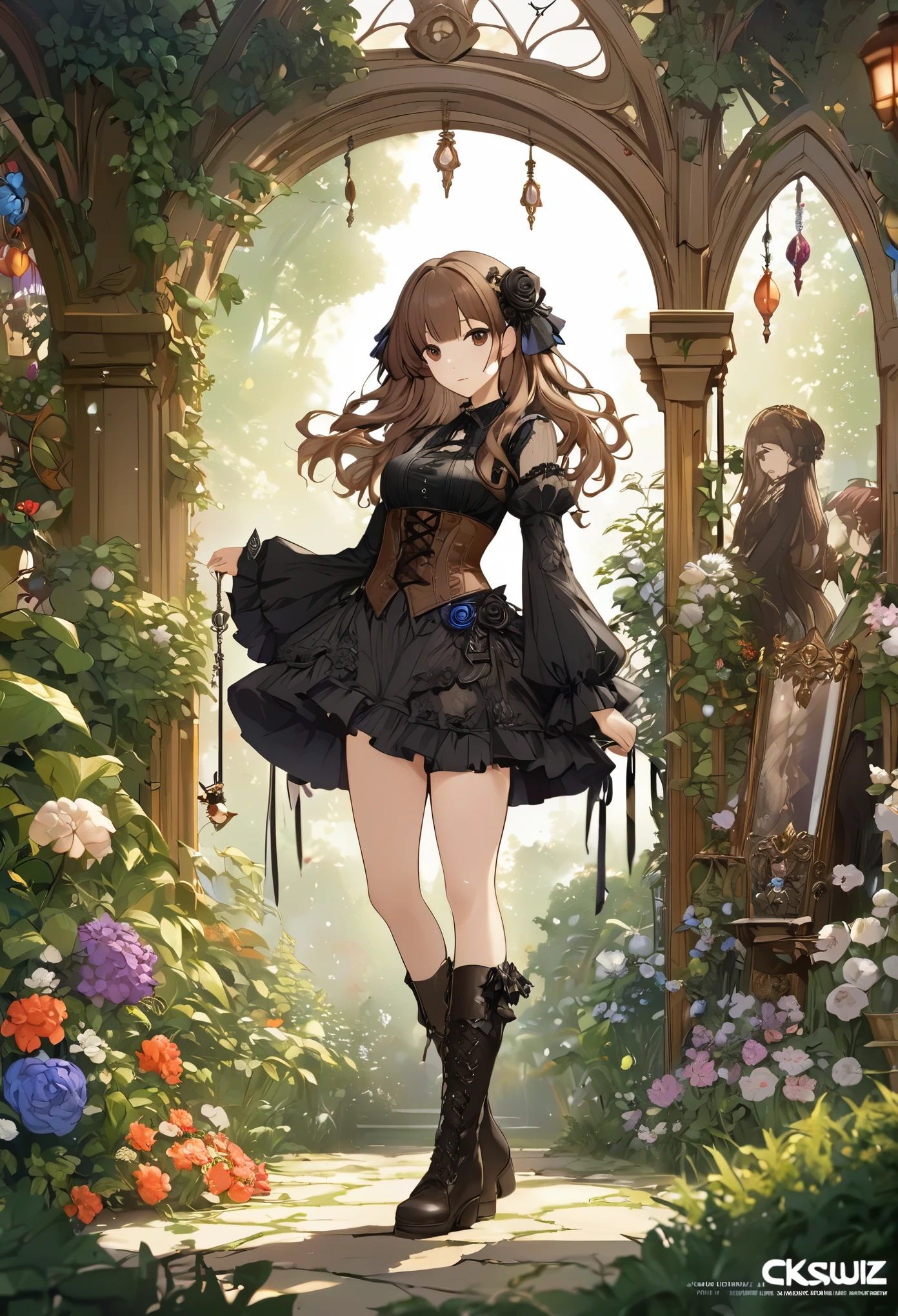 submissive gothic girl, ropa de latex , pale skin girl, medium brown hair, collar de sumision mediano, esposas de cuero atada, cintura delgada, corset , muslos gruesos, pechos grandes, Corset, piernas tonificadas, cinturon en la pierna, biceps, camiseta sin mangas negra, gothic makeup, labios gruesos, ojos azules, paisaje campo despejado primavera, arboles flores rosas