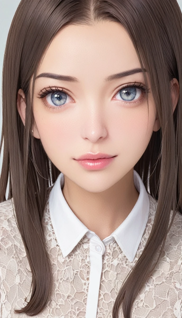 1girl, :d, bangs, beige sweater, blue sailor collar, breasts, fang, green eyes, large breasts, looking at viewer, medium breasts, neckerchief, open mouth, sailor collar, sidelocks, skin fang, sleeves past wrists, smile, solo, thick eyebrows, white background, white neckerchief