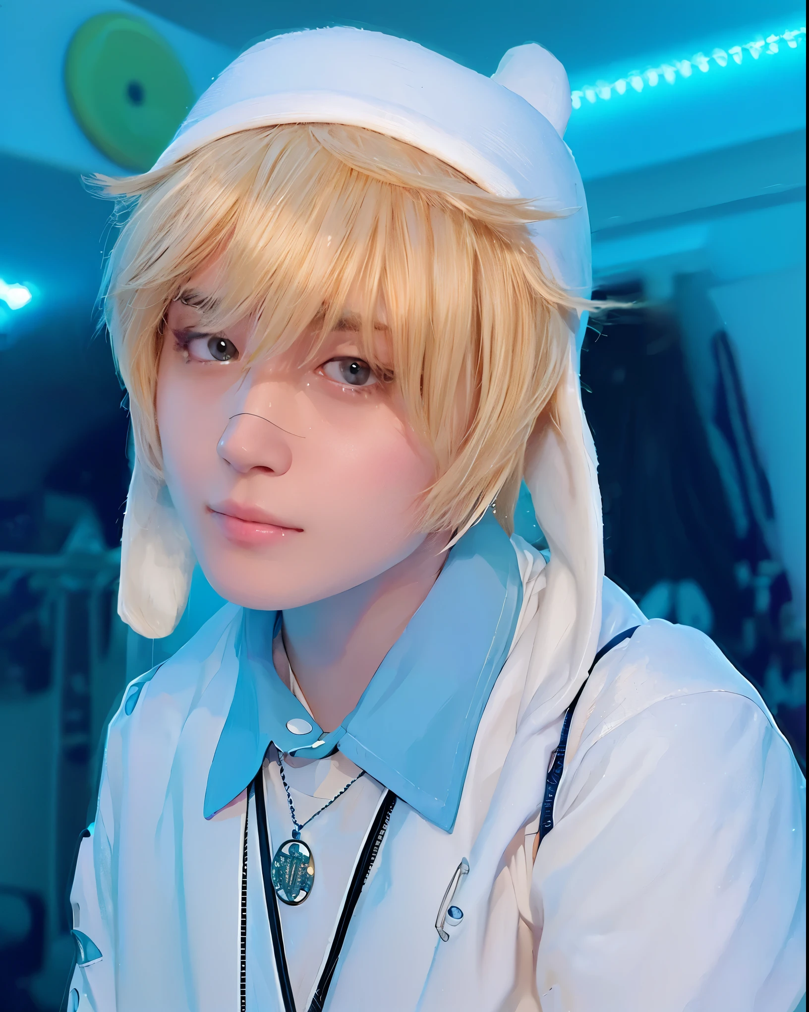 ((masterpiece,best image quality))(1 boy),(blonde:bob hair,With bangs),(blue eyes),(There are rabbit ears),15 years old,shy,cheeks are red,smile,eyes looking down,wearing a collared shirt,The whole body is reflected,Are standing