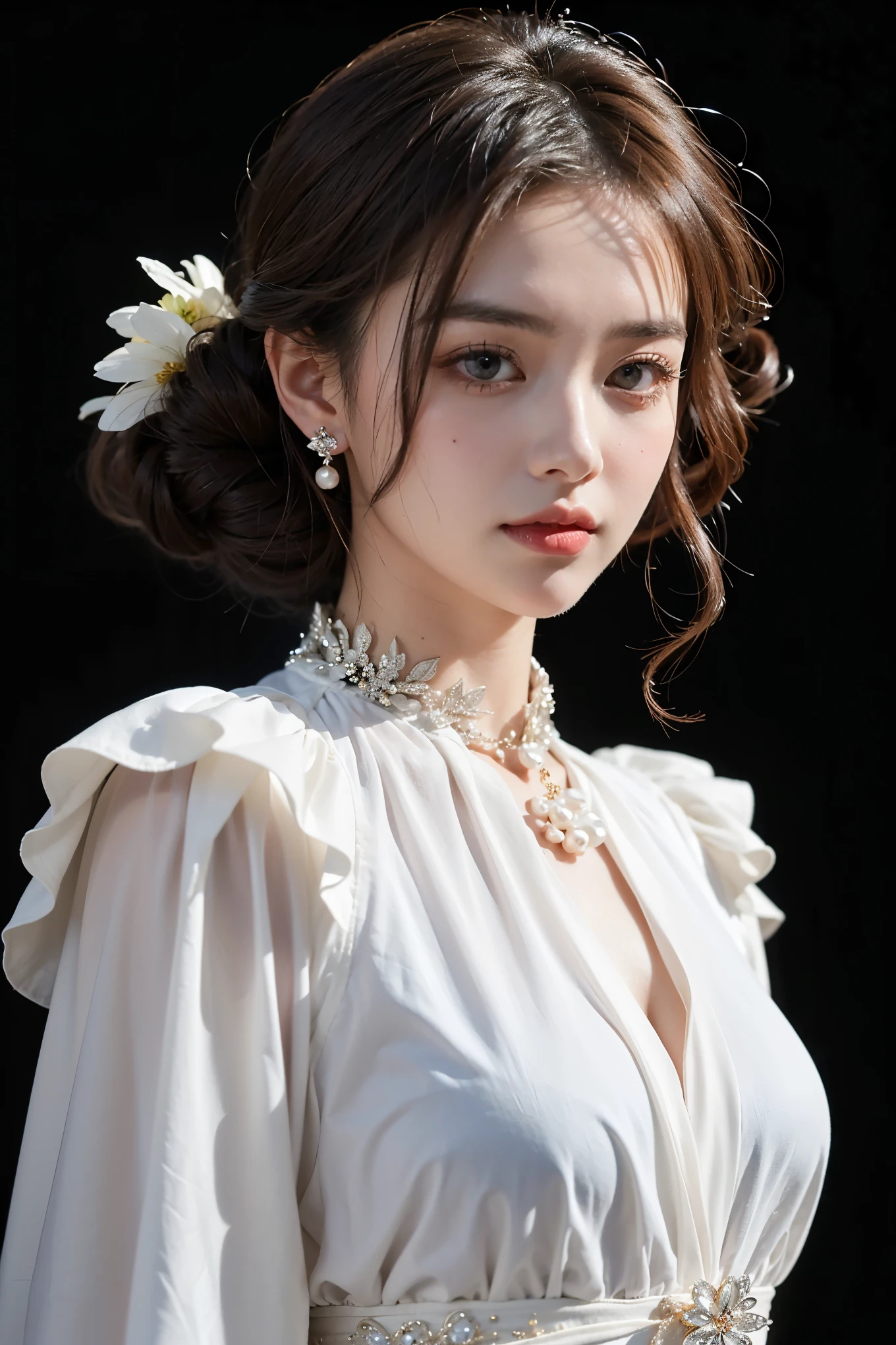 (8k, RAW photos, best quality, masterpiece), (realistic, photograph realistic), masterpiece, best quality, High detail, Best image quality, super detailed, high resolution, Very detailed, Best quality, Extreme detail description, hyperdetailed painting, (An extremely delicate and beautiful work), Beautiful detailed girl, Very detailed eyes and face, Beautiful detailed eyes, Masterpiece, fair skin, hazy beauty, very detailed facial, detailed skin structure, perfect ???????, ((perfect body)), Beautiful detailed whole body, delicate face, exquisite body, lovely lips, Behind the softness, adorable, ((slim waist)), ((big breasts)), ((cleavage)), big breasts beautiful, big breasts enchanting, ((Enchanted expression), ( Seductive face), (close eyes:1.1), (thoughtful look), (soulful eyes, realistic eyes, glowing eyes, beautiful and clear eyes), (shiny color hair,) ((braided hair)), Enchanted posture, ((An extremely detailed unbutton shirt, Secretary outfit)), ((black Underwear inside shirt)), head gear, highly detailed, delicate necklace, Delicate earrings, Simple blurred background, ((view over street, midnight)), (dark scene), physically-based rendering, ((the body from the thighs up))