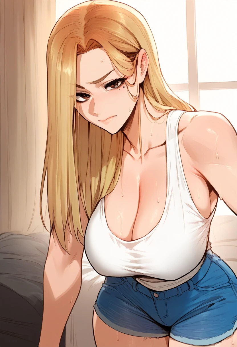 Hyper realistic, jia han, brown eyes, blonde hair, multicolored hair, long hair, white tank top, bare shoulders, collarbone, sleeveless, blue denim shorts, standing, mother, Milf, mature female, perfect face, perfect lighting,, sexy female, closed mouth, beauty mark, thicc، cleavage, huge , large breasts, sweat, hanging breasts, 