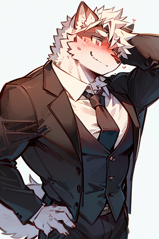 An Anime style Top Body and Right Side Body Picture of A Very Muscular Kemono Furry Style Gray Wolf. He is wearing A Long Black Tuxedo suit with white shirt inside Outfit. His one hand is scratching his head while his another hand is in his pocket. The background is Solid white. He have Gray messy and spikey hair. He is looking at the viewer. His eyes are little red But Mostly white. He is standing in the background. He look like a video game character. He is smiling and blushes with blushes on his face. His tail is sticking upward. He is shy and little embarrassed