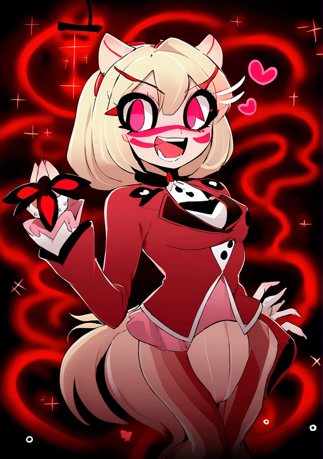 anime girl with pink hair and red eyes laying on a bed, [[[[grinning evily]]]], mika kurai demon, demon girl, gapmoe yandere grimdark, portrait gapmoe yandere grimdark, yandere intricate, demon anime girl, succubus, vampire girl, evil grin, crimson themed, gapmoe yandere, loli