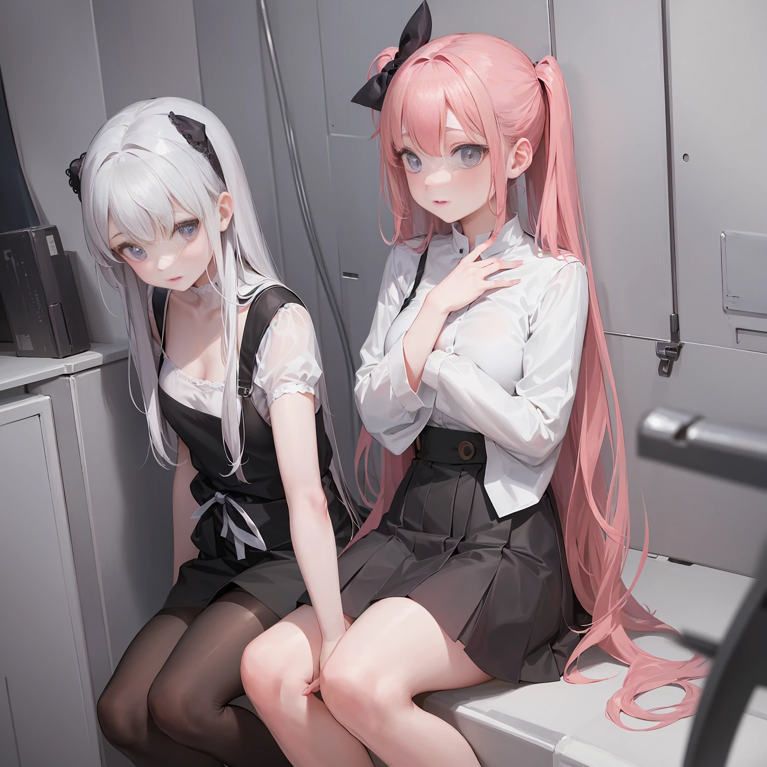 Long pale pink hair scattered,dual horsetail,Pink eyes,Loving pupils,girl,huge tit,black micro skirt,Black lace panties,white short sleeve,Clothes drenched in sweat,The chest is pressed against the clear glass window,Press your hands against the glass,Dragon's horn