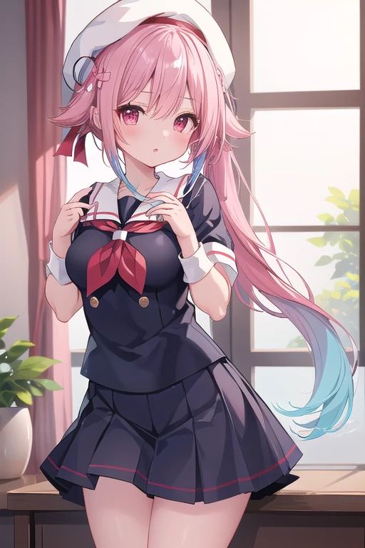 Beautiful illustrations、(masterpiece、Best Quality、8k ), (Beautiful details), Highly detailed face, Perfect lighting, Extremely detailed CG, (Perfect hands, Perfect Anatomy),  One Girl, Harusame、side pony tail, Pink Hair, Red eyes、Shining Eyes、Blue Hair, Gradient Hair, hair ornament, beret, school uniform, black seraph, pleated skirt, Thighs、A pose that attracts men、