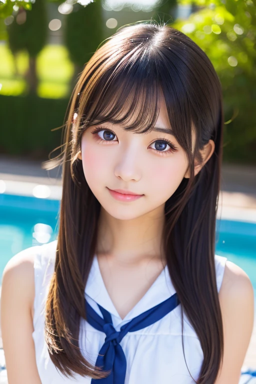 kawaii japanese high High school girl, One girl, Beautiful detailed eyes Beautiful detailed lips, Very detailed顔と頭, Long eyelashes, , High school girl, Cute expression, Standing pose, sunlight, Warm lighting, Vibrant colors, Soft Focus, Very detailed, 8k, Realistic, Intricate details, Digital Art, Pool