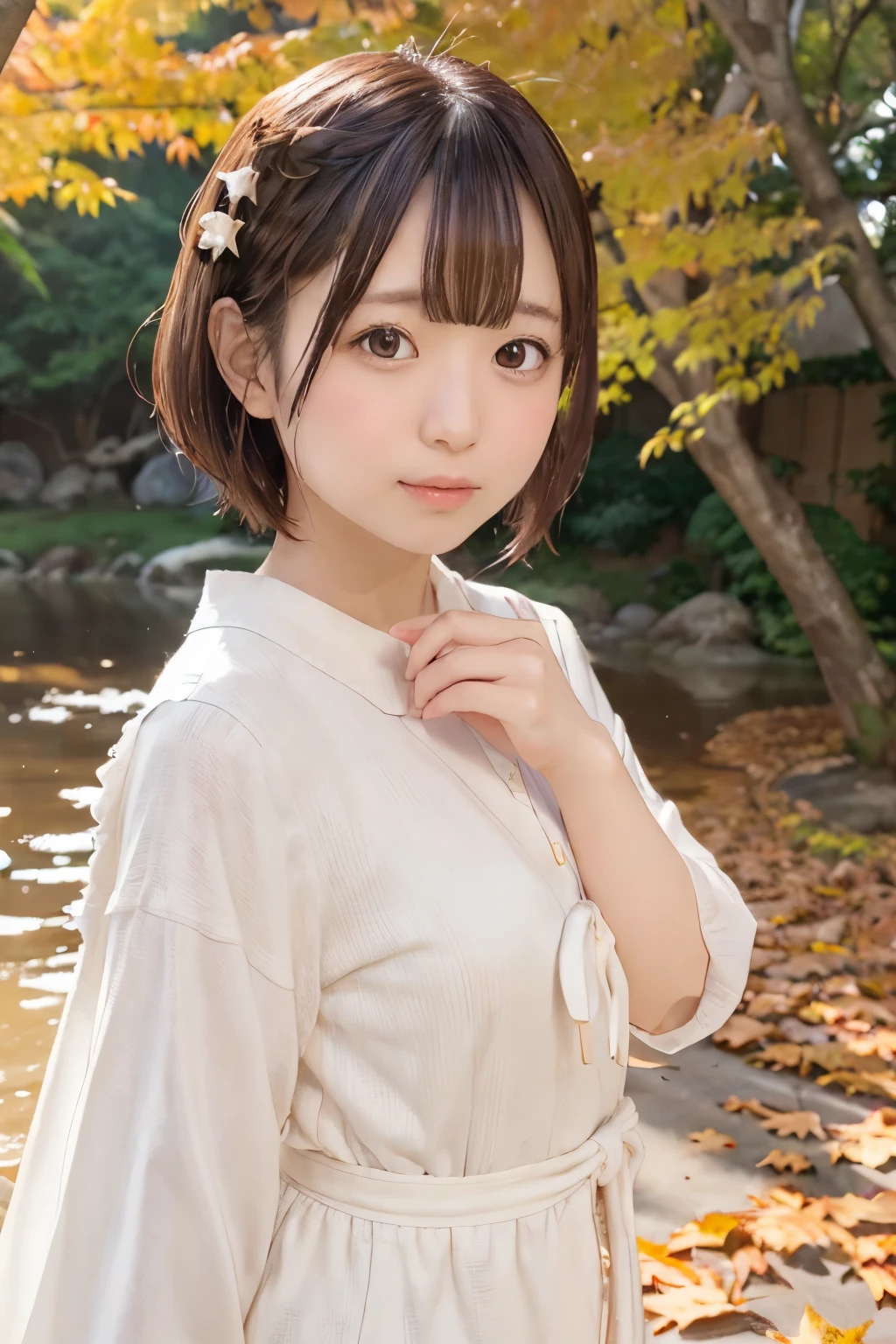 (mysterious lolicon killer), 8k, raw photo, best quality, masterpiece, realistic, photorealistic, extremely detailed 8k wallpaper, 
 break 
professional lighting, rim lighting, 
 break 
light purple dusk, autumn, AutumnF8lls, 
 break 
perfectly anatomically correct:1.2, 5 beautiful thin finger:1.2, 
 break 
1 girl, kawaii:1.0, very short hair bun:1.0, [forehead], 
symmetrical clear eyes with beautifully detail, chocolate color eyes with captivating reflections, 
wide-set eyes, [tareme], [moderate eye bags], round face, round chin, [embarrassed, blush], [white skinned], [pouted cheek], seventeen, 
wet hair, [brown hair], teary eyes, 
leaning back, [open mouth with love:1.0], 
(holding fallen leaves in hand, melancholy), skindentation, 
[looking up viewer straightly], 
 break 
[sfw:1.0], 
 break 
by telephoto lens, dynamic shot:1.0, bokeh:1.2