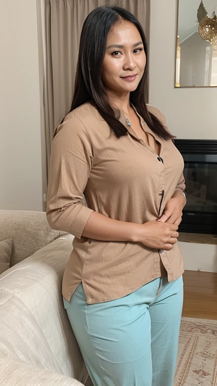 indonesian woman,((40 years old)), beautiful face, tan skin, shirt, cardigan, jeans, big hips, teasting, sweet face, bedroom, rear view, full body