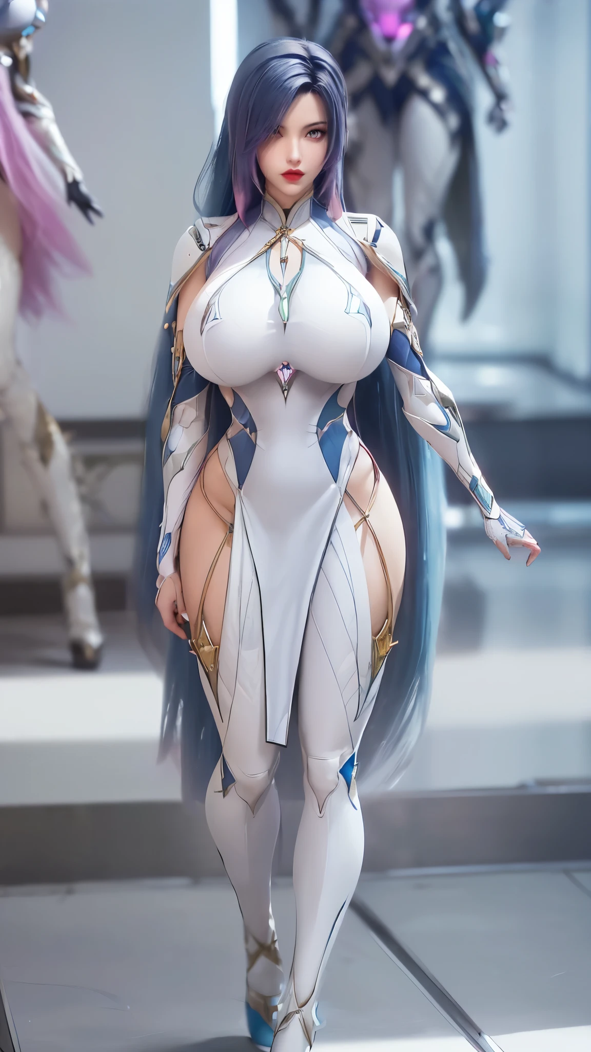 A beauty girl with (blue pink multiple color tifa lockhart long hair:1.5), mecha_musume, 1GIRL, (CLOSE UP UPPER BODY:0.8),(COWBOY SHOT:1.5), (GOLDEN DRAGON QUEEN ACCESORIES:1.3),((REAVEAL HUGE FAKE BREASTS:1.5)), (11 line ABS:1.3), ((MECHA GUARD ARMS, GUARD SHOULDER CRYSTAL:1.2)), (SHINY CRYSTAL MECHA STELLAR STAR ARMOR OVERWATCH,WHITE CHEONGSAM MECHA ARMOR:1.5), ((CURVY HOURGLASS BODY, GLOWING BODY SKIN:1.3)), (LOOKING AT VIEWER:1.3), (HALLWAY OF FUTURISTIC SPACE STATION:1), (BRIGHT LIGHT WHITE_ROOM:1.3), HYPER TEXTURE, UNREAL ENGINE RENDER, PHYSICALLY-BASED RENDERING, ULTRA HIGHT DEFINITION, 16K, DSLR, 1080P.