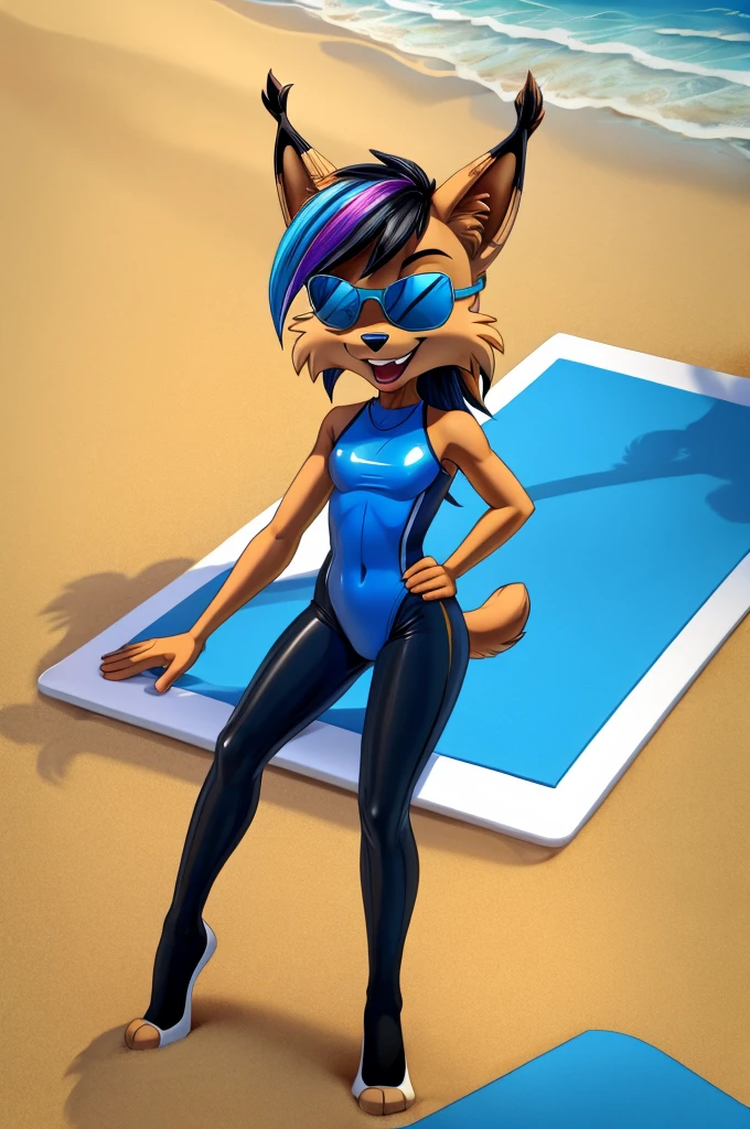 Lynx cartoon full length skinny slim in blue lycra swimsuit on the beach with happy face sunglasses multicolored hair black leggings