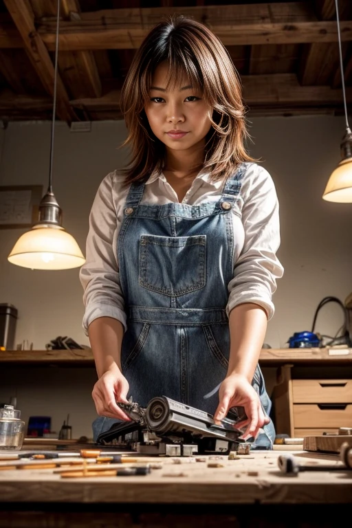 The photo is taken from the front, with the following composition: in the foreground (first low third of the image), A stack of Electronic components on a workbench. In the middle ground,(second third of the image) behind the workbench, a sexy Japanese woman, age23, light auburn, leans forward, Both hands on the workbench, looking at the pile of waste as if she were looking at the inside of a car engine.
In the background, a snowy village, a starry night, the northern lights