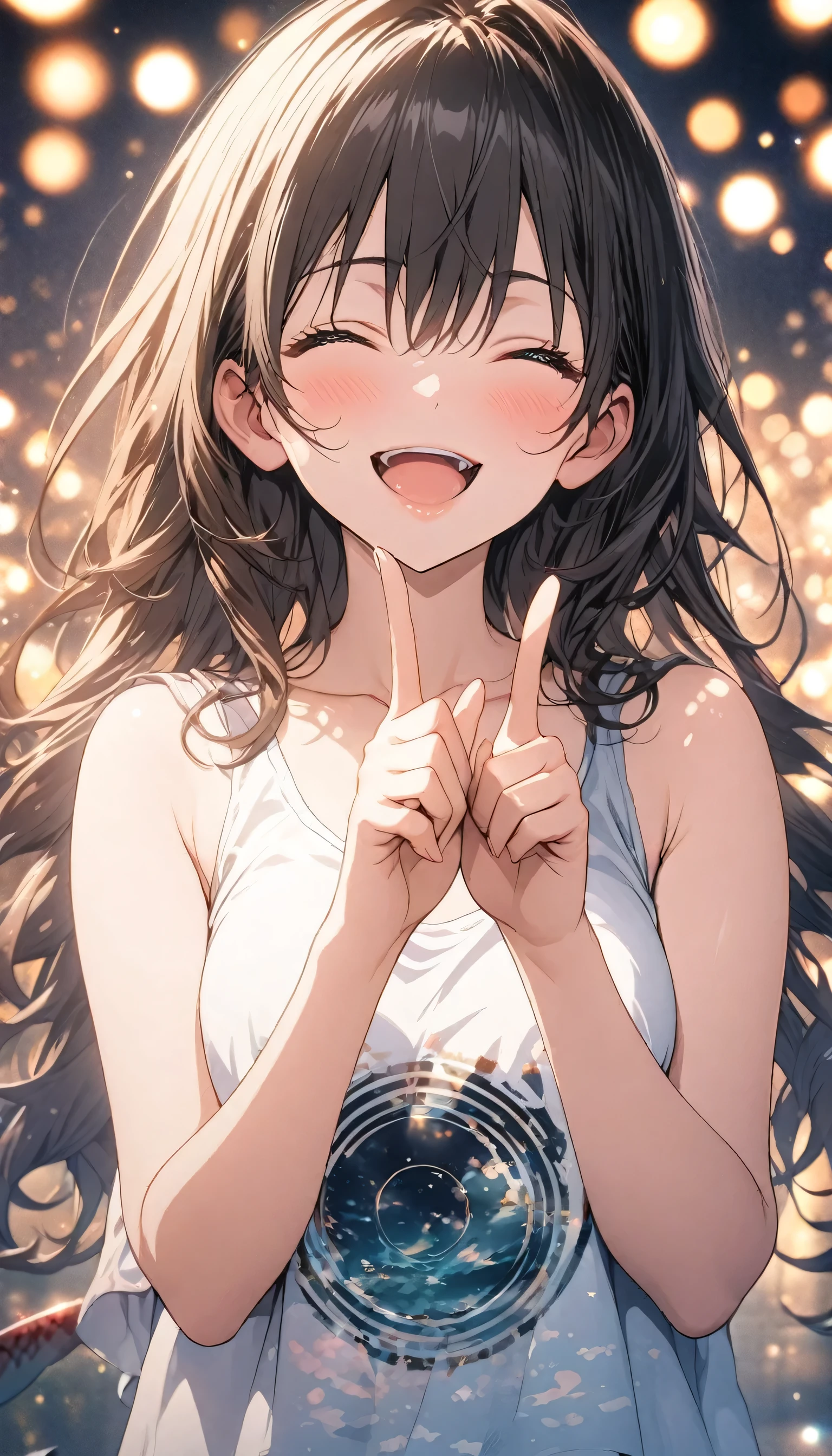 Anime girl with long hair and white shirt pointing at her finger ...