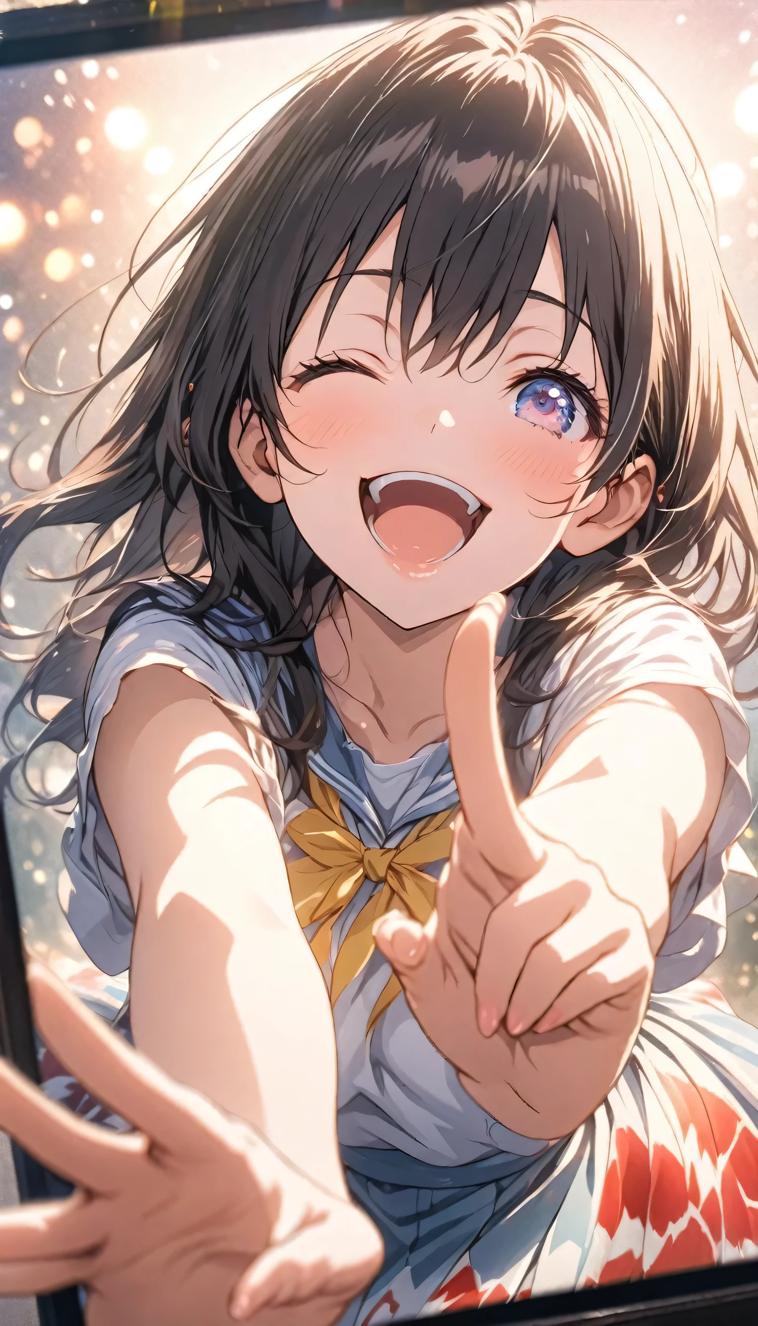 Anime girl with blue eyes and a bow pointing at something - SeaArt AI