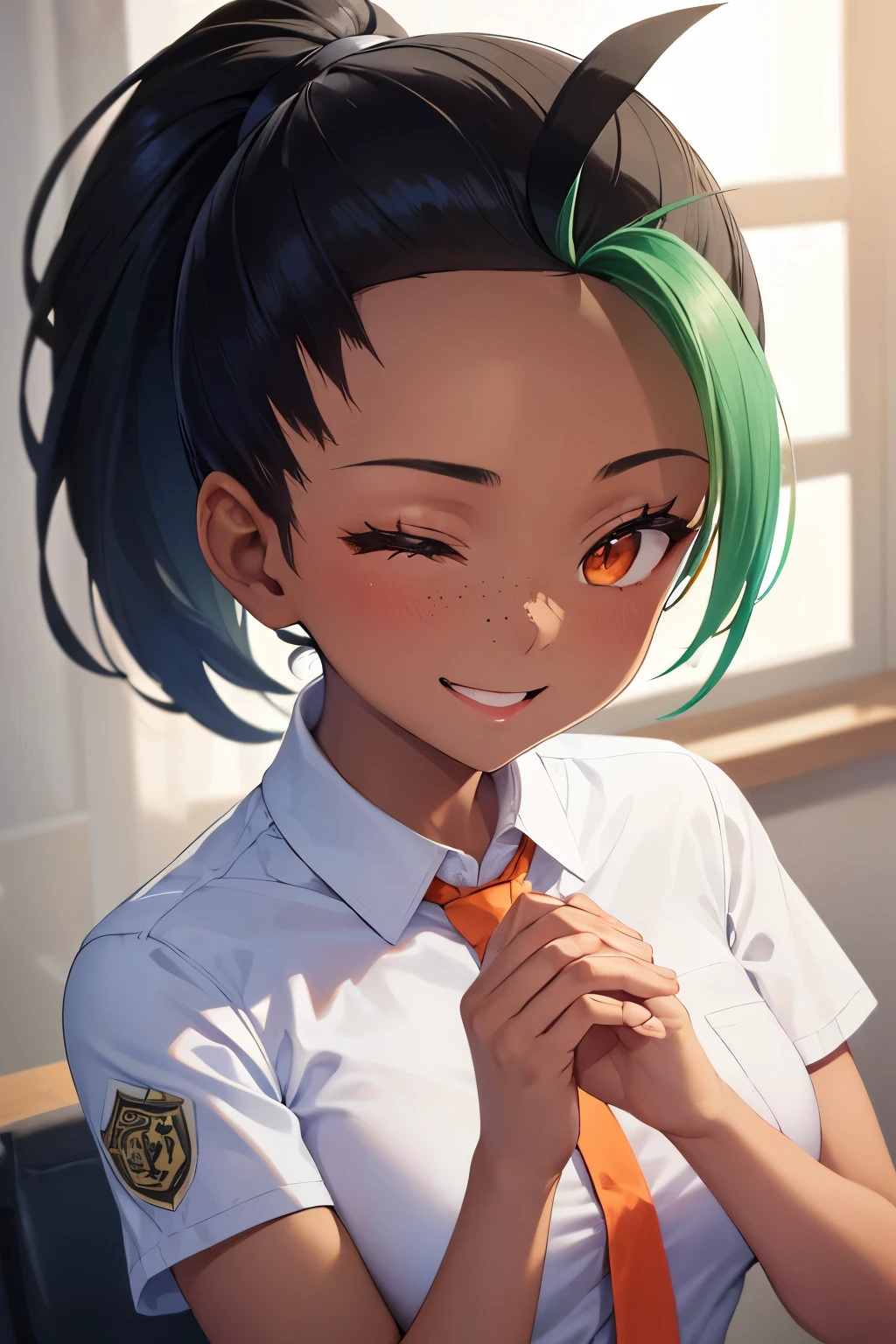 (8k, raw photo, masterpiece, extremely detailed, best quality, professional lighting, high res), BREAK beautiful and adorable girl, nemona, 1girl, (dark skin, dark-skinned female:1.5), ponytail, long hair, freckles, smile, shirt, hair pulled back, school uniform, necktie, collared shirt, short sleeves, white shirt, fingerless gloves, orange necktie, shorts, BREAK smile, energetic girl, eyes closed smile, tall height, BREAK (palm, close up the hands, she is reaching me:1.5)