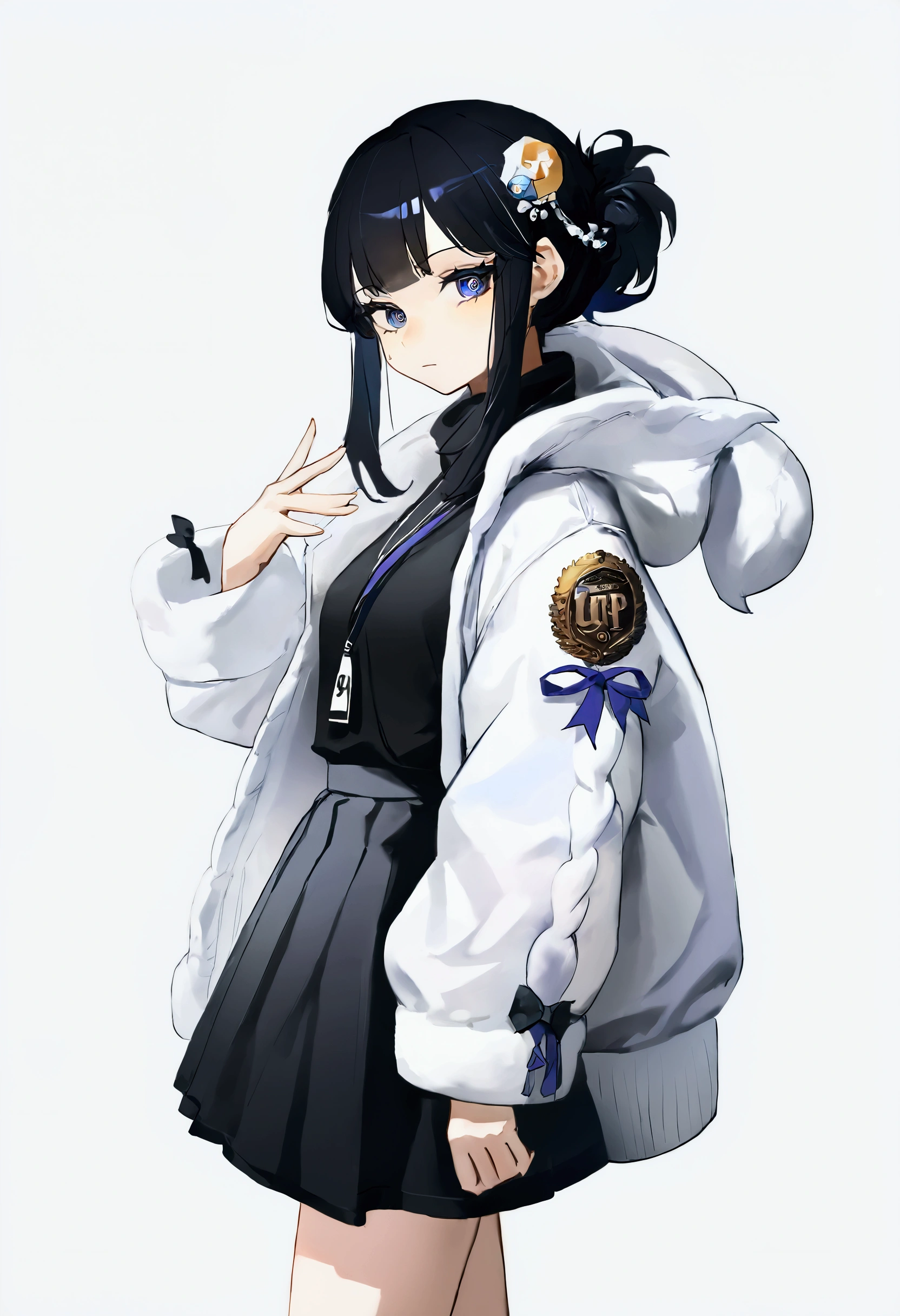 score_9, score_8_up, score_7_up, score_6_up, best quality, masterpiece, detailed, aesthetic, best quality, masterpiece, detailed, aesthetic, Masterpiece, best quality, Highly detailed, Ultra HD, High resolution, 8k, amazing art, masterpiece, best quality, high detail, trending on art-station, 1girl,  RinotunaYei, modern fashionable clothes, fluffy clothes, from side, front, cute pose,  nervous, looking at viewer, simple white background, dynamic pose, splash art, concept art, cowboy shot, black hair, hair ornament,
