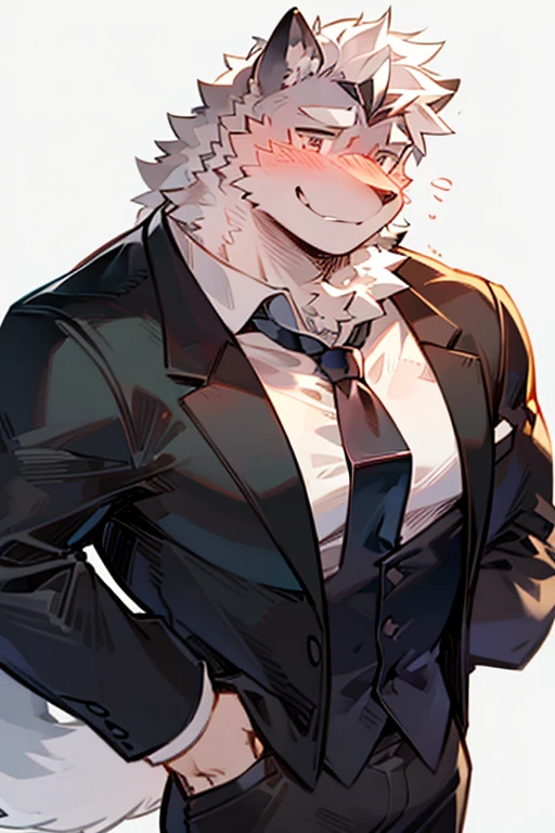 An Anime style Top Body and Right Side Body Picture of A Very Muscular Kemono Furry Style Gray Wolf. He is wearing A Long Black Tuxedo suit with white shirt inside Outfit. His one hand is scratching his head while his another hand is in his pocket. The background is Solid white. He have Gray messy and spikey hair. He is looking at the viewer. His eyes are little red But Mostly white. He is standing in the background. He look like a video game character. He is smiling and blushes with blushes on his face. His tail is sticking upward. He is shy and little embarrassed