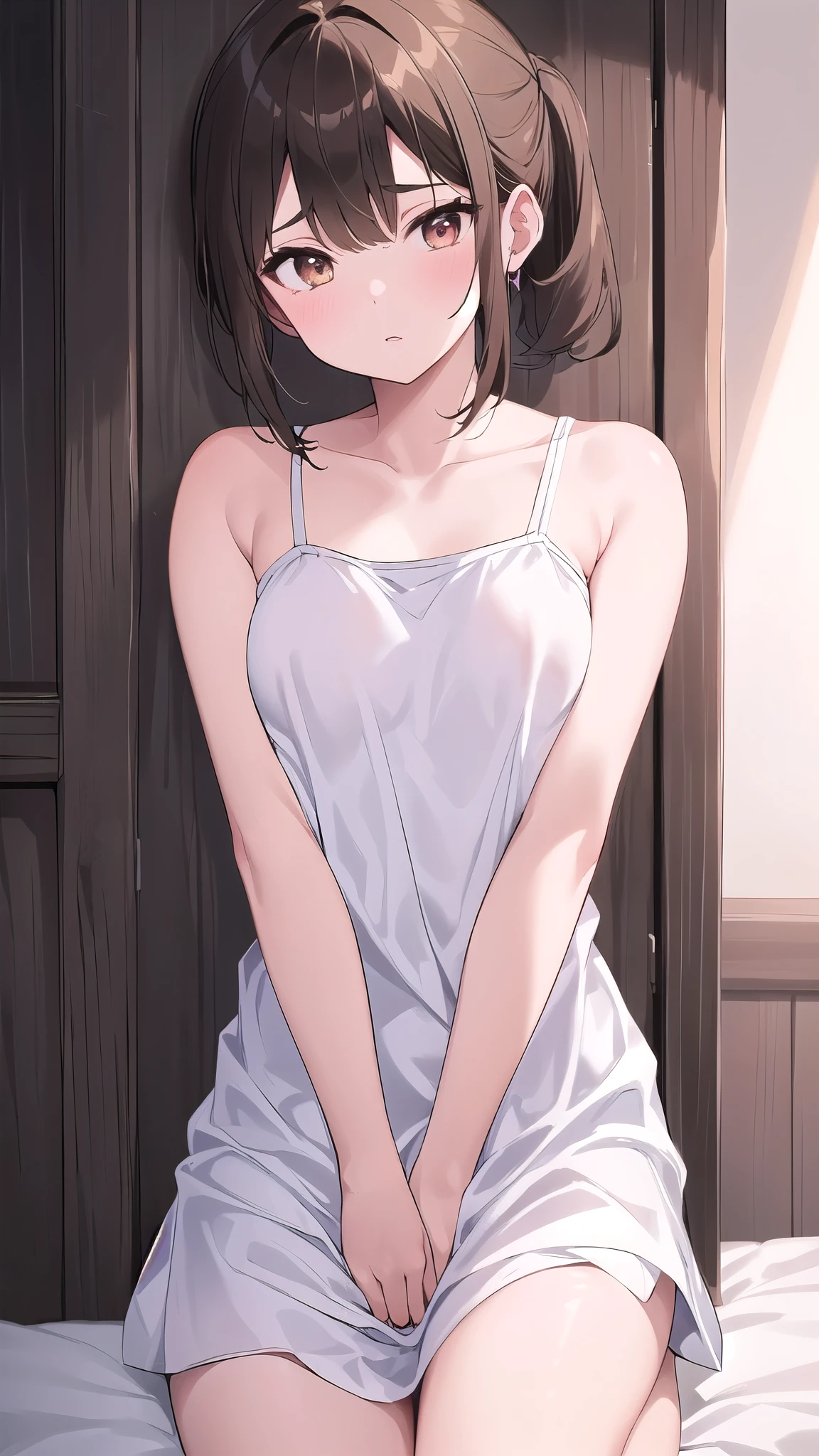 Anime style,(masterpiece),illustration,8k,ray tracing,finely detailed,best detailed,Clear picture, 28 years old,Medium_Hair, darkbrown Eyes, longhair, White tanktop,erect nipples,mature female,milf, slender small breasts,panty shot ,white panty