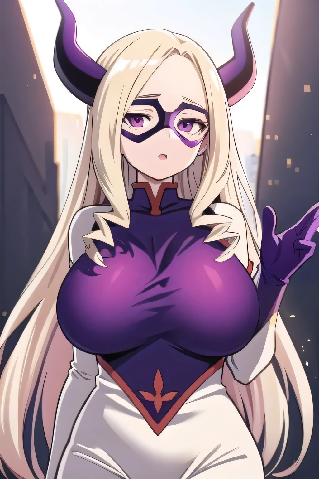 1girl, solo, big breasts, mount lady [my hero academia], bodysuit, domino mask, BODYSUIT, looking at viewer, purple horns, upper body, huge breasts