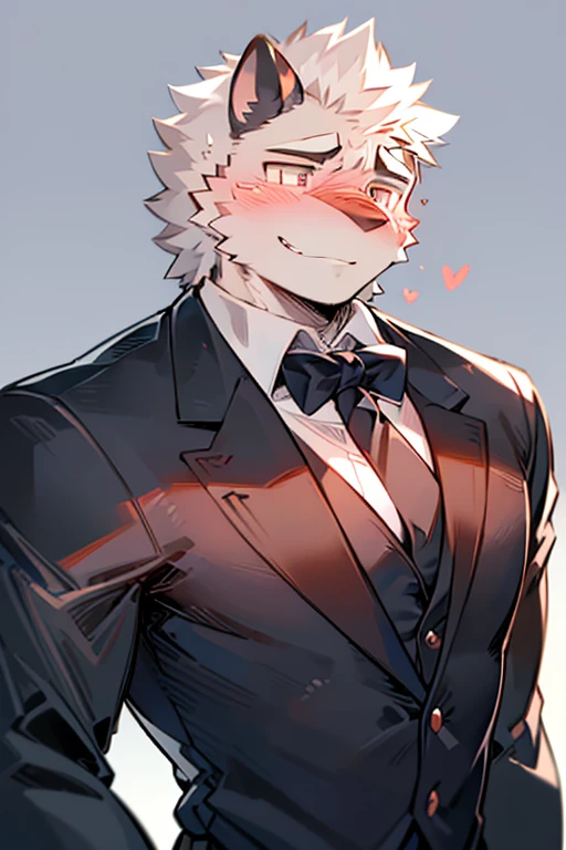 An Anime style Top Torso Body and Right Side Body Picture of A Very Muscular Kemono Furry Style Gray Wolf. He is wearing A Long Black Tuxedo suit with white shirt inside and black tie Outfit. His one hand is scratching his head while his another hand is in his pocket. The background is Solid white. He have Gray messy and spikey hair. He is looking at the viewer. His eyes are little red But Mostly white. He is standing in the background. He look like a video game character. He is smiling and blushes with blushes on his face. His tail is sticking upward. He is shy and little embarrassed