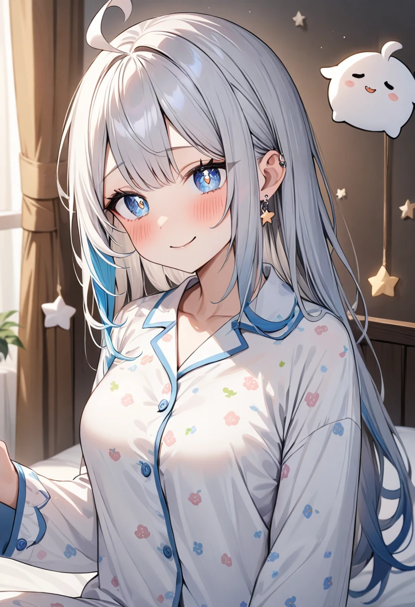 NSFW, silver hair, blue eyes, straight hair, medium breasts, solo, heart shaped eyes, blushing, cute pajamas, cleavage, sexy panties, sleeping in bed with viewer
