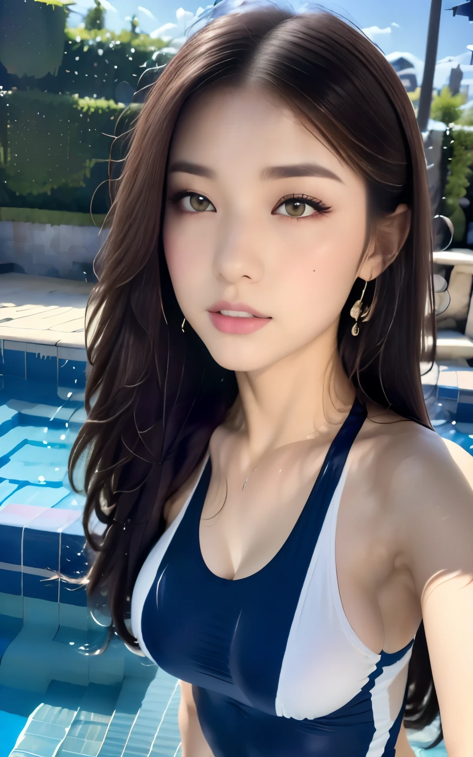 Highly Detailed CG Unity 8K Wallpapers, Best Quality, Highly detailed eye makeup, masterpieceRealistic, Photorealistic, Highly detailed cute girl, Highly detailed eyes,one piece,Dynamic pose ,Looking into the camera,Staring at the audience, Full Body Shot, Wear a navy blue competitive swimsuit,Double eyelids,Standing,Pool in the city,turn around