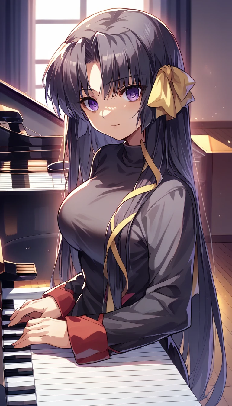 score_9, score_8_up, score_7_up, score_6_up, rating_safe, source_anime, best quality, masterpiece, detailed background, detailed eyes, indoors, grand piano,  kurugaya yuiko, black hair, purple eyes, medium breasts, full breasts, black shirt, long sleeves