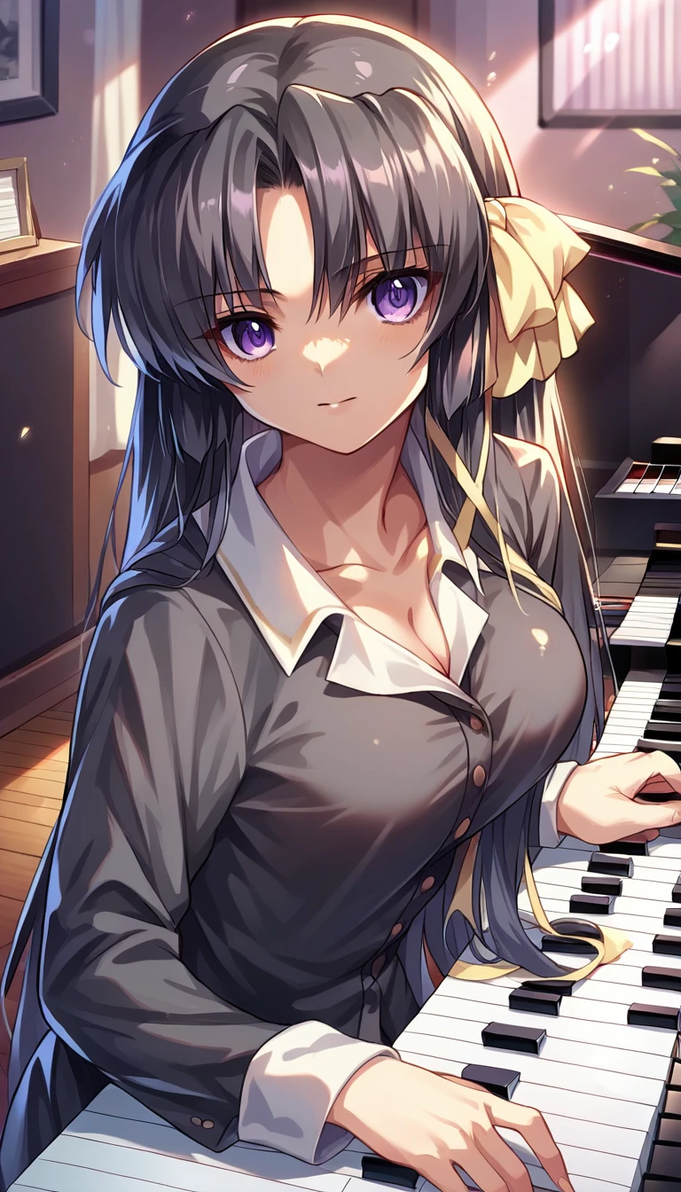 score_9, score_8_up, score_7_up, score_6_up, rating_safe, source_anime, best quality, masterpiece, detailed background, detailed eyes, indoors, grand piano,  kurugaya yuiko, black hair, purple eyes, medium breasts, full breasts, black shirt, long sleeves