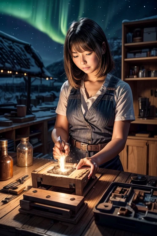 The photo is taken from the front, with the following composition: in the foreground (first low third of the image), A stack of Electronic components on a workbench. In the middle ground,(second third of the image) behind the workbench, a sexy Japanese woman, age23, light auburn, leans forward, Both hands on the workbench, looking at the pile of waste as if she were looking at the inside of a car engine.
In the background, a snowy village, a starry night, the northern lights