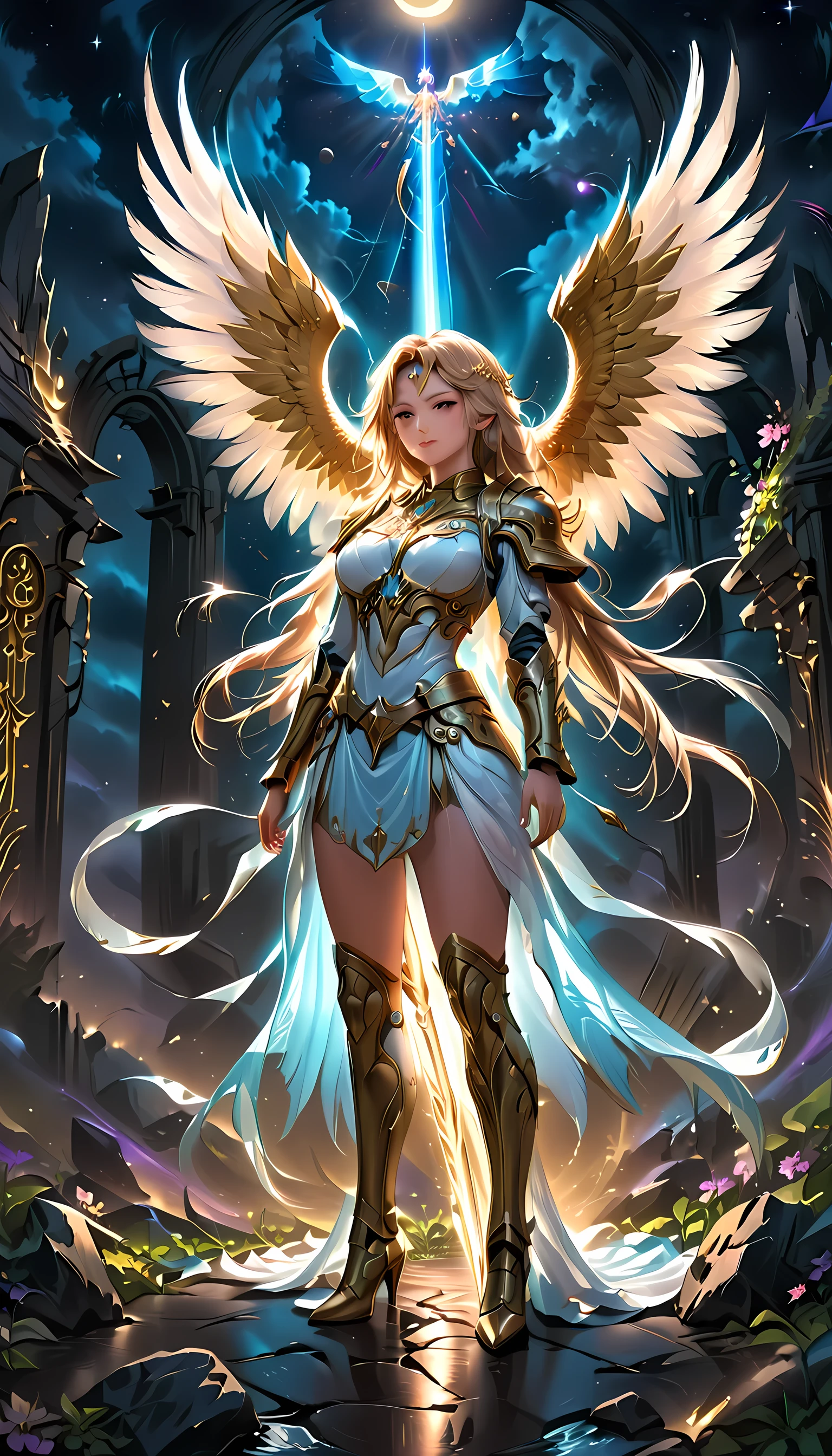 an epic fantasy art of aasimar, female, paladin ready for battle under the full moon, holy warrior, spread large feathered wings, (wings sprouting from the back: 1.3), majestic wings, white angelic wings spread (Masterpiece, intense details: 1.5), moon light, moon, stars, clouds, radiant holy symbol, armed with a divine sword, glowing sword wearing holy armor, wearing high heel boots, dynamic hair color, dynamic hair style, dynamic skin complexion, dark fantasy cemetery background, anatomically correct (Masterpiece 1.3, intense details), angel wings, determined face, god rays, cinematic lighting, glowing light, silhouette, from outside, photorealism, panoramic view (Masterpiece 1.3, intense details) , Wide-Angle, Ultra-Wide Angle, 16k, highres, best quality, high details, 16K, ultra detailed, masterpiece, best quality, (extremely detailed), arafed, dnd art, portrait, full body, Sword and shield