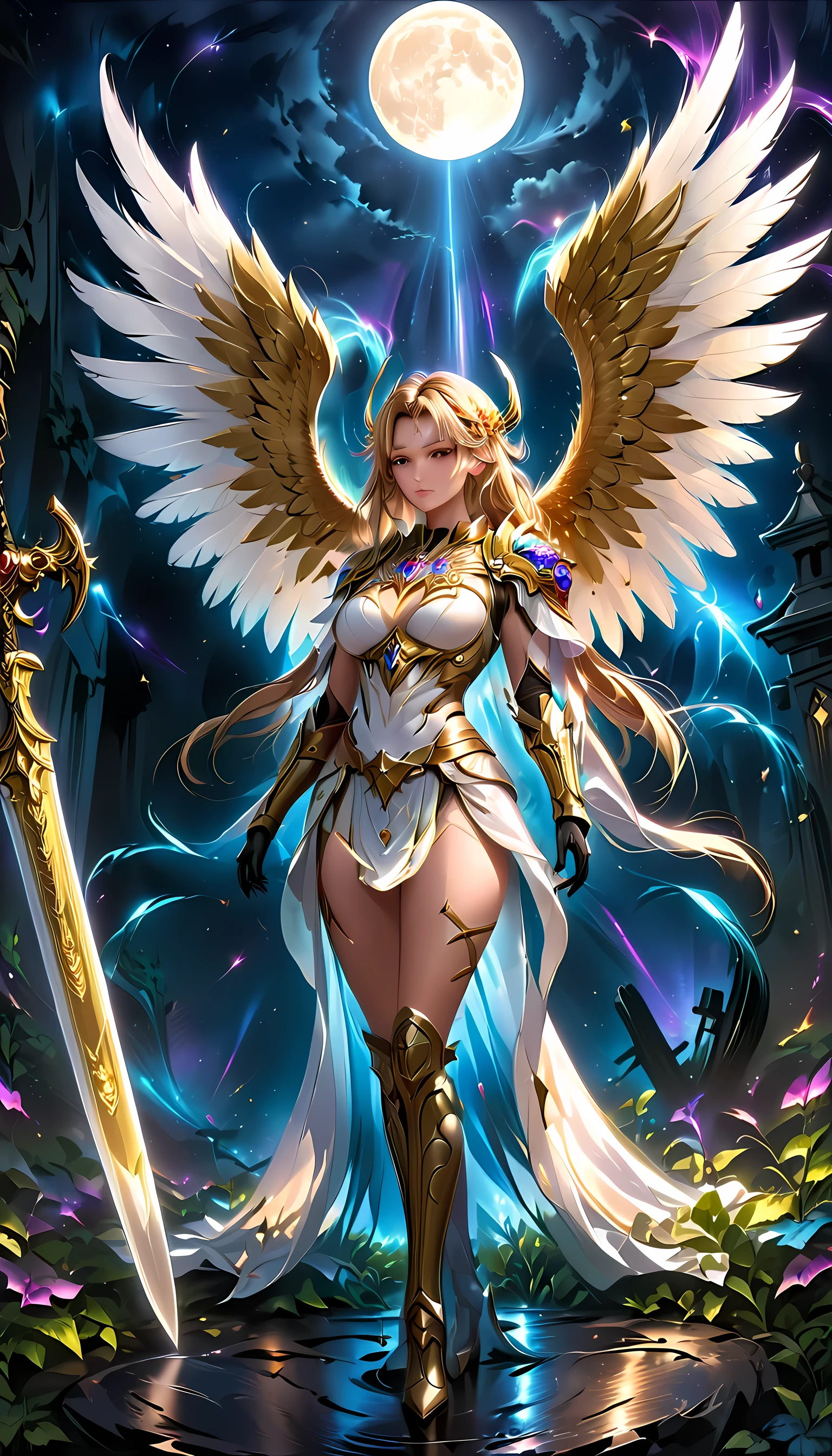 an epic fantasy art of aasimar, female, paladin ready for battle under the full moon, holy warrior, spread large feathered wings, (wings sprouting from the back: 1.3), majestic wings, white angelic wings spread (Masterpiece, intense details: 1.5), moon light, moon, stars, clouds, radiant holy symbol, armed with a divine sword, glowing sword wearing holy armor, wearing high heel boots, dynamic hair color, dynamic hair style, dynamic skin complexion, dark fantasy cemetery background, anatomically correct (Masterpiece 1.3, intense details), angel wings, determined face, god rays, cinematic lighting, glowing light, silhouette, from outside, photorealism, panoramic view (Masterpiece 1.3, intense details) , Wide-Angle, Ultra-Wide Angle, 16k, highres, best quality, high details, 16K, ultra detailed, masterpiece, best quality, (extremely detailed), arafed, dnd art, portrait, full body, Sword and shield