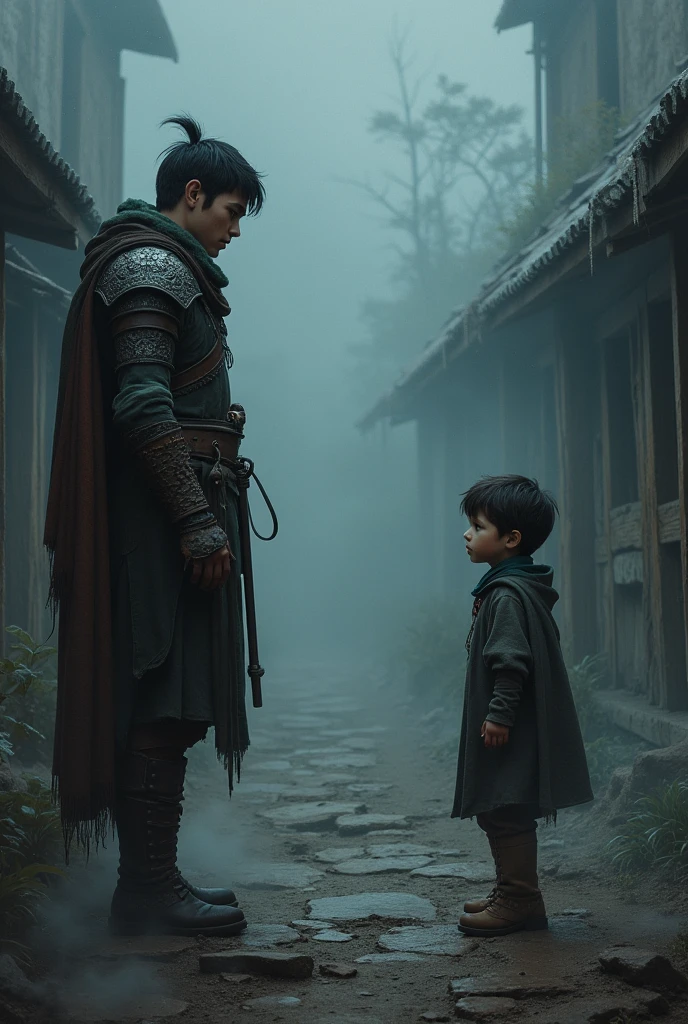 A warrior in leather clothes , holding a boy in your arms , the setting is a dark swamp covered in reeds