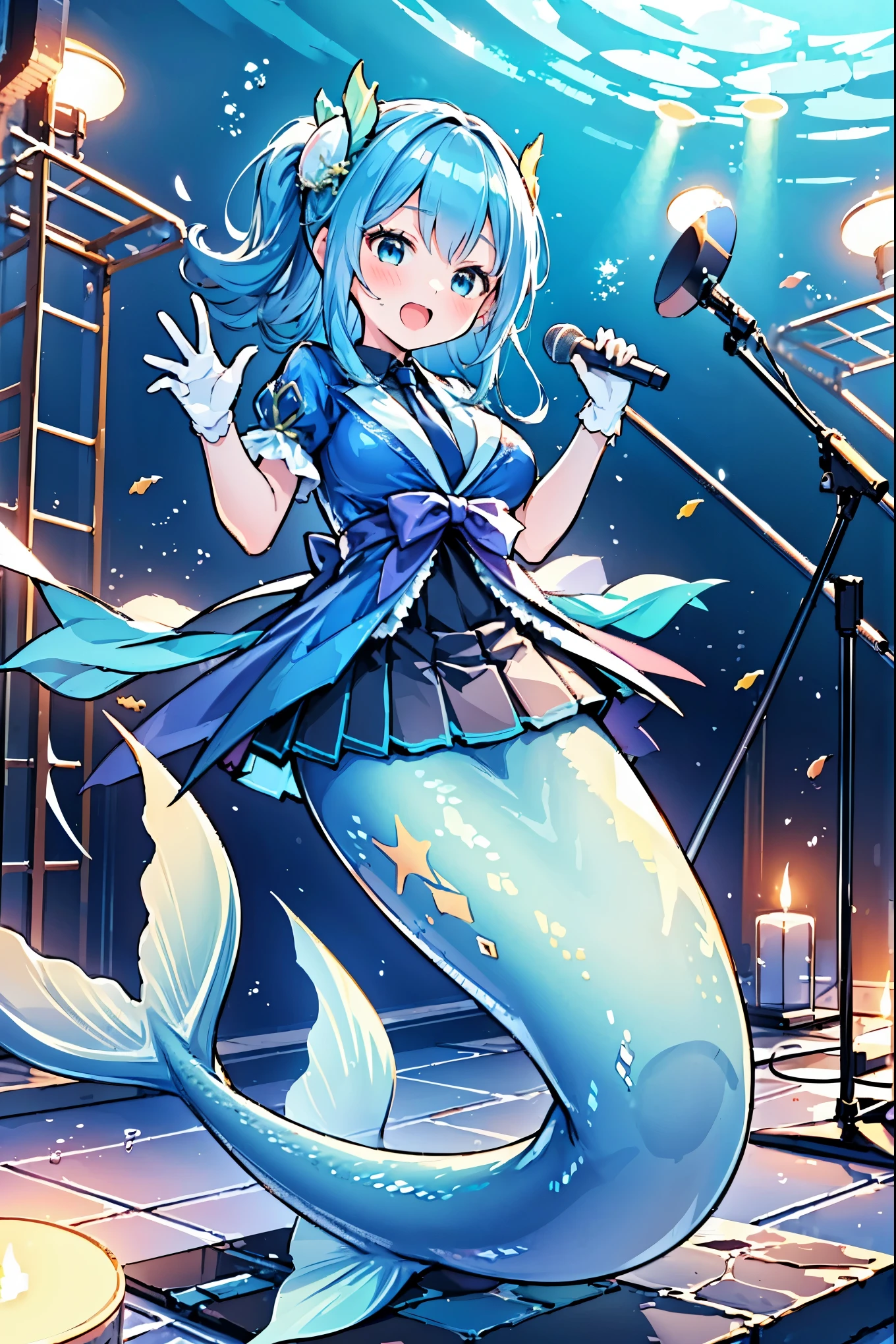 (masterpiece,Best quality),(Full fingers),A woman,Mermaid,Idol Clothes,Blue skirt,Large Breasts,藍色的Mermaid尾巴,Full body photo,(Underwater:1.2),charming脸(Kawaii, charming,Soft),Holding a microphone,Open your mouth