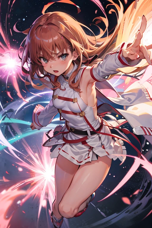 (Raw photo:1.2), (Photorealistic), Beautiful detailed girl, Very detailed eyes and face, Beautiful detailed eyes, Huge file size, High resolution, Very detailed, Best Quality, [masutepiece:1.6], Illustration, Very detailed, Fine detail, Best Quality, 8K Wallpaper, Movie Lighting,girl, skirts flip, Wind, White panties, Shooting energy waves from the hand, The energy wave moves forward, Fantasy, School, Under the legend of the bell