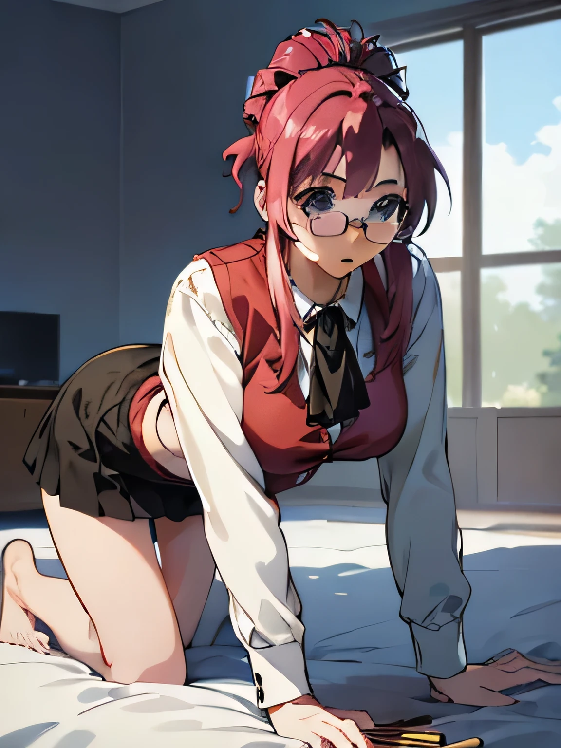 ((Anime Style))、Upper Body、Redhead、(woman1people)、若いwoman、beautiful長い脚、beautiful体、beautiful鼻、Perfect Eyes、Perfect Face、Perfect Legs、Perfect balance、(beautiful、Large Breasts:1.4)、(beautiful顔:1.5)、(Narrow waist)、Perfect lighting、colorful、Bright front light、Glowing Skin、 (masterpiece:1.0)、((High resolution))、((Best Quality))、((4K))、(Normal hand)、(Anatomically correct hand)、(Accurate hands)、(Accurate feet)、break、Side Lock、brooch、jewelry、Ascot、Red vest、mini skirt、break、Black Skirt、Long sleeve、Glasses、break、(On the bed)、(On all fours), break、((Pocky in mouth))、((Have a Pocky))