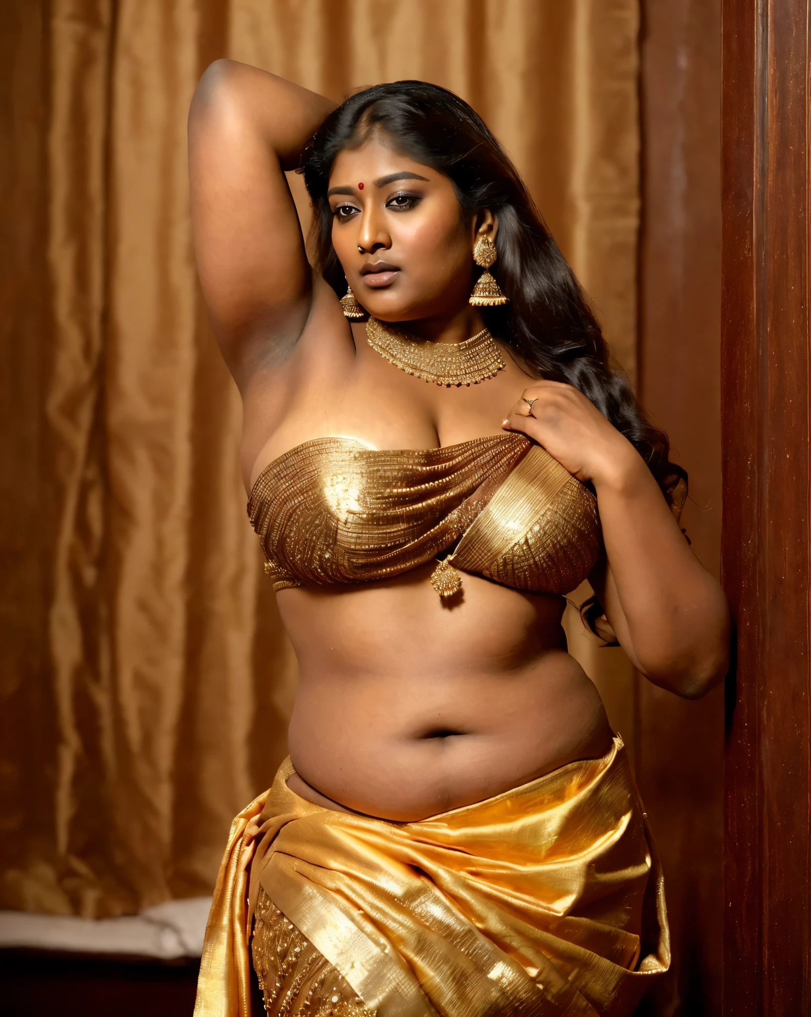 Looks like Nayanthara, thick figure, bulky figure, fleshy figure, black lips, masterpiece Portrait, Indian ethnic jewellery, (aesthetic), alluring figure, sexy navel folds, beautiful hypnotizing gazing eyes, Full figured woman, heavy figure, attractive, gorgeous, stunning beauty, milf, 5 Woman, mommy figure, maami, Amma, desi mature aunty, attractive body, araffe woman in a gold sari posing for a portrait, chocolate skin, skin pores, sweat, incredible skin texture, wearing gold jewellery, photo of a hand jewellery model, premium ethnic jewellery, sexy woman with dark complexion, indian girl with brown skin, chocolate beauty, beautifully styled hair, traditional beauty, wearing elegant jewellery, traditional makeup, with small studded earings, indian goddess, indian, intricate thin details in gold, gold jewellery, modeling shoot, 7 0 mm portrait, dramatic lighting, cinematic colour grading, (aesthetic), erotic fantasy, aesthetic, sensual desire, insane skin texture details, high level colour grading, provoking sense of desire, Indian aesthetics, life like picture, Indian fine Art photography, insanely detailed, Indian aesthetics,