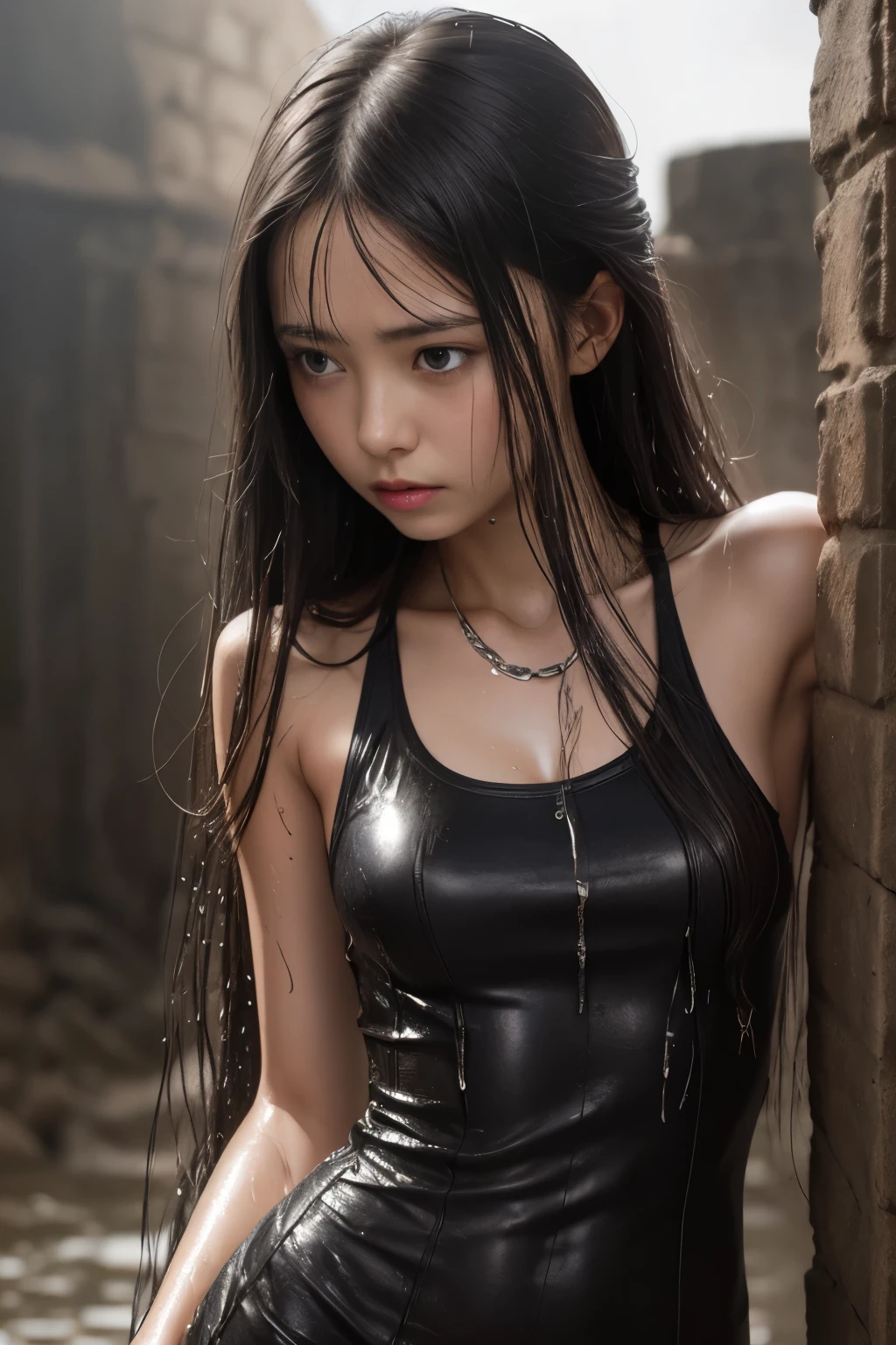  Dirty Dungeon, Steel Dress, Crying face, shy, (Wet and dirty extra long hair), Slave,  Detained, Chained, Dirty white tank top　　Japanese