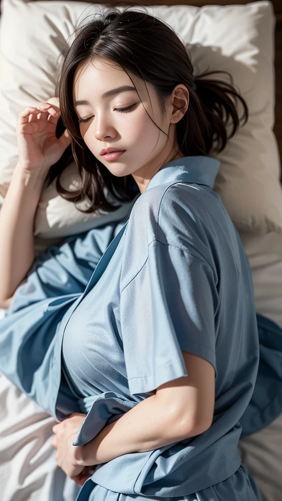 masterpiece, Ultra-high resolution, 4K, Best Quality, 1 person, ((whole body)), Beautiful and exquisite face, Beautiful, smooth skin, Skin Texture, , Dynamic pose, Medium Hair, yukata, bedroom, In the futon, Sleeping on your back, Eyes closed, Japanese-style room, Sleepy look,