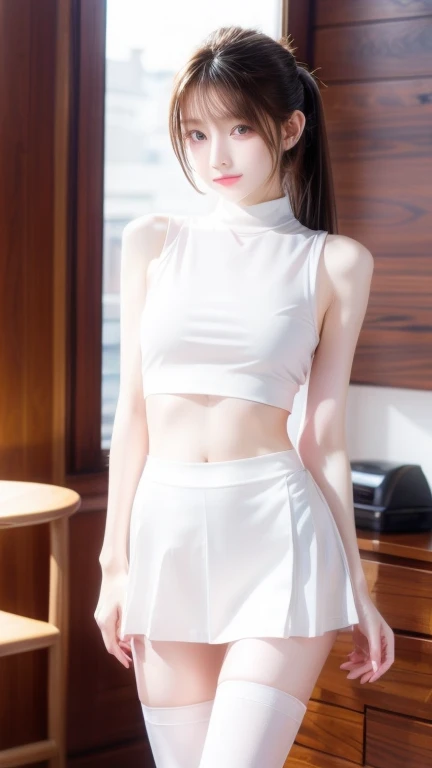 Beautiful young,, White shirt, Black mini skirt, Dark colored tights, High balance surreal, ,, Small breasts, Beautiful breasts,  Long Hair, ponytail 、blondeの髪,  8k, Future City, Sakura LED Lighting, Japanese Girls、smile、dark skin、thin、: Approx. 140cm、Blonde、blonde、Thin body,Skinny Body,Slender body,Too thin arms,とてもthinウェスト,rib cage,