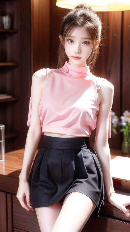 Beautiful young,, Pink Shirt, Black mini skirt, Dark colored tights, High balance surreal, ,, Small breasts, Beautiful breasts,  Long Hair, ponytail 、blondeの髪,  8k, Future City, Sakura LED Lighting, Japanese Girls、smile、dark skin、thin、: Approx. 140cm、Blonde、blonde、Thin body,Skinny Body,Slender body,Too thin arms,とてもthinウェスト,rib cage,