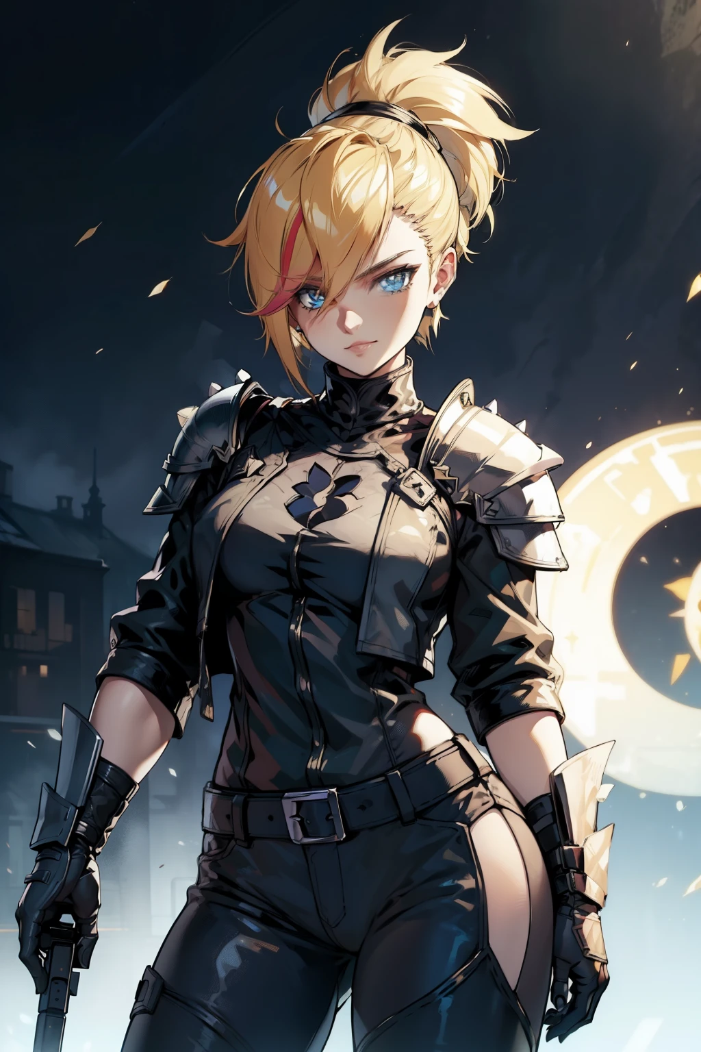 woman alone, blonde hair, short spiky hair, delicate armor, knight, Fantasy, ironic smile, black pants, black gloves