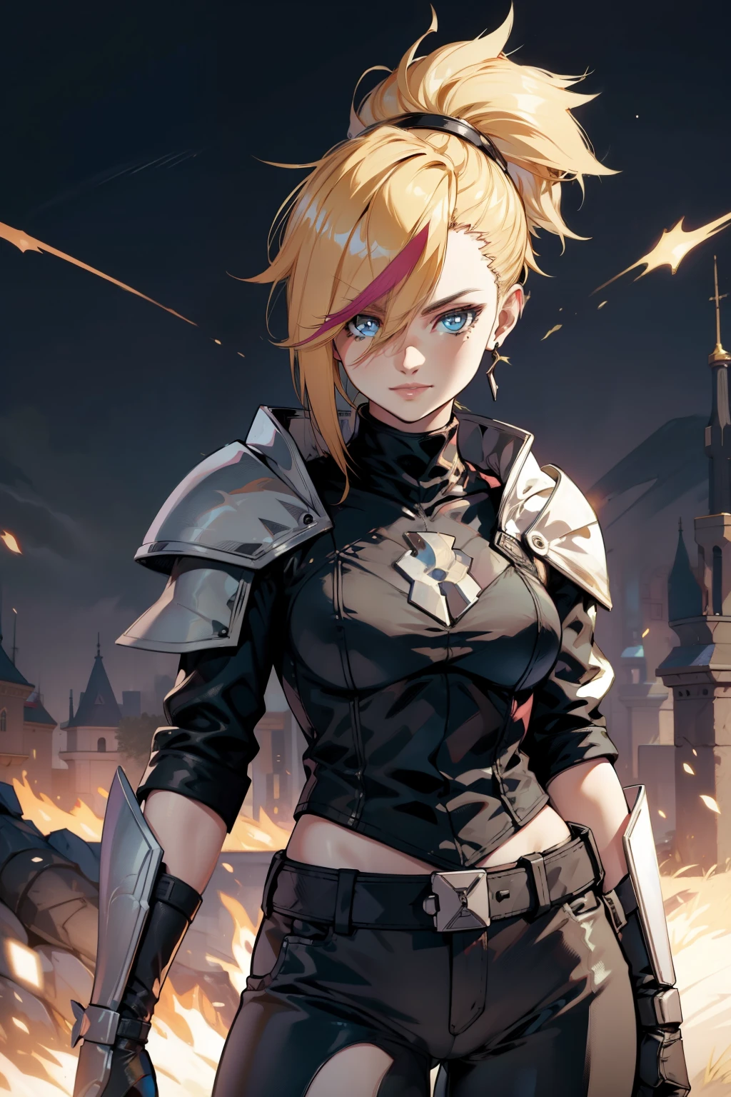 woman alone, blonde hair, short spiky hair, delicate armor, knight, Fantasy, ironic smile, black pants, black gloves