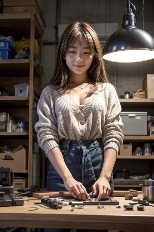 The photo is taken from the front, with the following composition: in the foreground (first low third of the image), A stack of Electronic components on a workbench. In the middle ground,(second third of the image) behind the workbench, a sexy Japanese woman, age23, light auburn, leans forward, Both hands on the workbench, looking at the pile of waste as if she were looking at the inside of a car engine.
In the background, a snowy village, a starry night, the northern lights, (light smile:0.9)