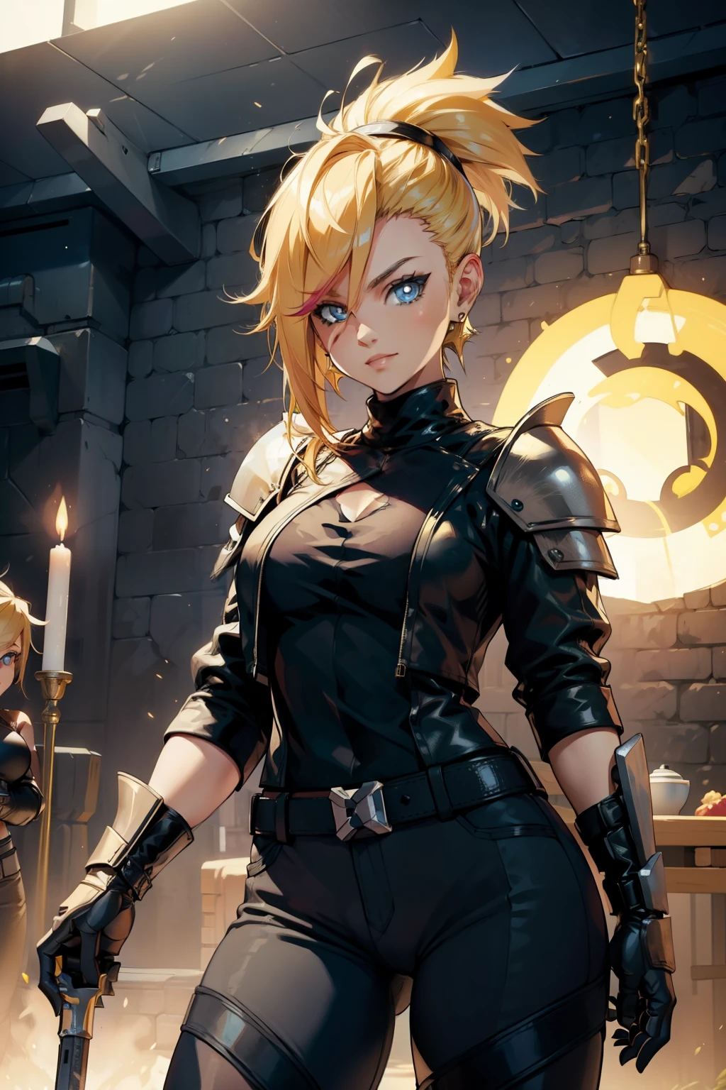 woman alone, blonde hair, short spiky hair, delicate armor, knight, Fantasy, ironic smile, black pants, black gloves