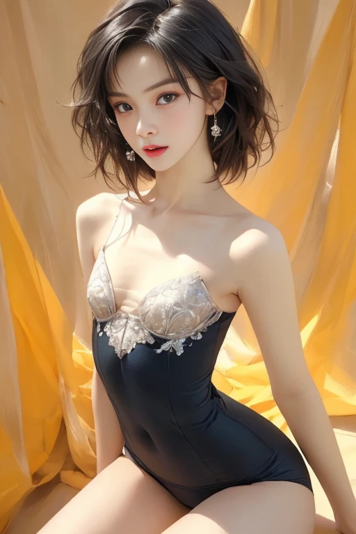 ((best qualtiy)),((SuperiorQuality, 8K, tmasterpiece: 1.5)), Pubic area is clear: 1.2, Perfect body beauty: 1.4, Large of breast, Gray hair,Rose gold lace transparent dress,wetted skin, the areola is visible, ssmile,Sleeping on the Bed,legs are open,Open your legs,legs separated,knee bend,Film texture,