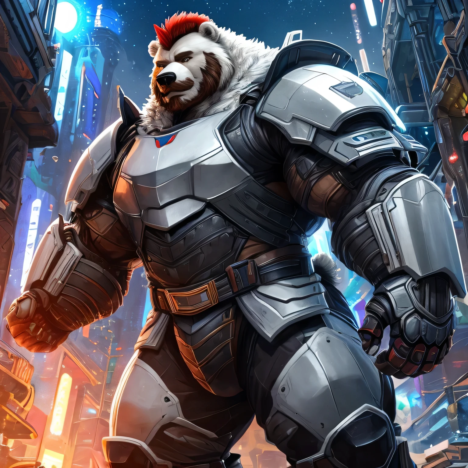 high quality, best quality, 8k, masterpiece, hyper detailed, cinematic lighting, dramatic lighting, sharp focus, RAW photo, octane render, physically-based rendering, photorealistic, highly detailed, intricate details, 1 anthropomorphic white polar bear, superhero, muscular body, ripped chest, white fur, standing on rooftop, blue eye mask, blue and black super suit, blue breastplate, blue pants and boots, black sleeves, muscular biceps, gold triangle belt, blue gloves, crossed arms, heroic pose